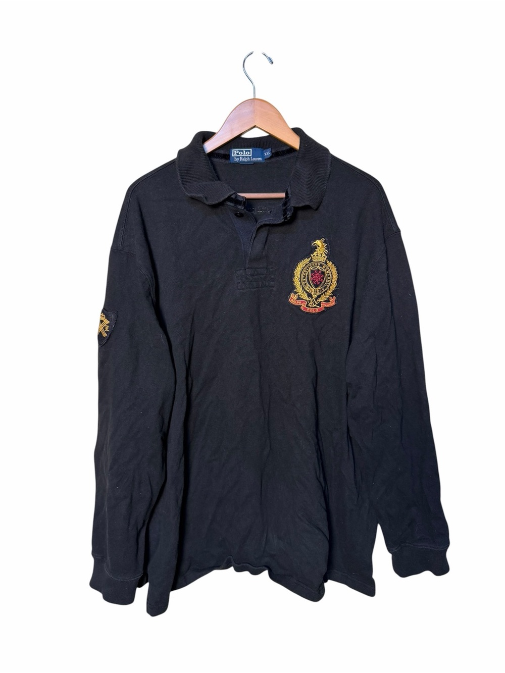 Vintage Polo Ralph Lauren PRLC Crest Rugby Shirt Black Gold Embroidered XXL - Picture 2 of 6